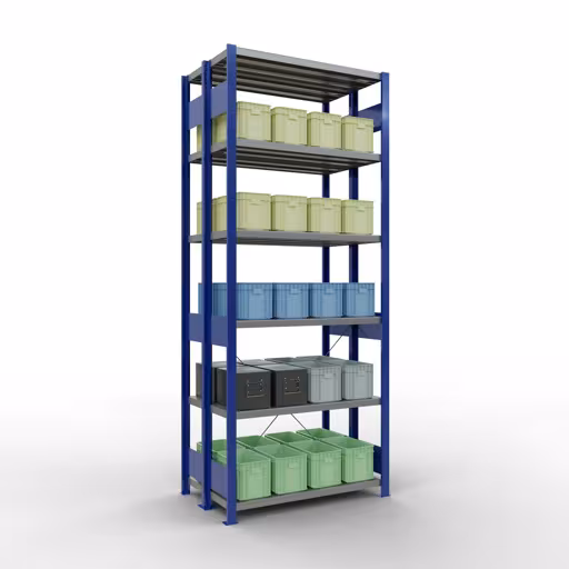 Abbildung Nr 15 des Artikels Grundregal, Doppelregal, Fachbodenregal Stecksystem MULTIplus250, 2500 x 1000 x (2x300) mm (HxBxT), 2x6 Fachböden, Kreuzstrebe, RAL 5010 enzianblau aus der Produktgruppe Fachbodenregale von der Marke Schulte Lagertechnik
