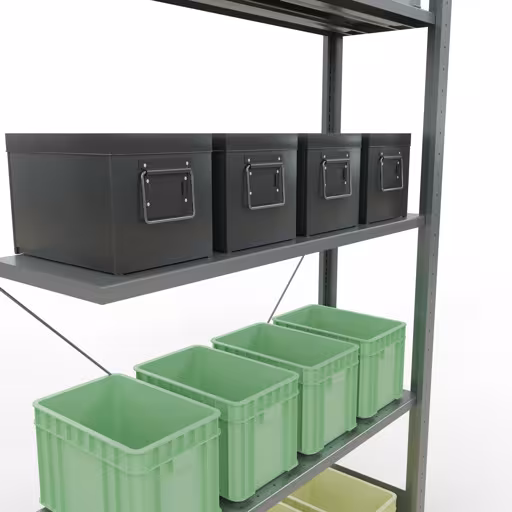 Anbauregal, Eckregal (Feld C) 2000 x 1000 x 300, 5 Fachböden, Kreuzstrebe, verzinkt mit der GTIN 4004514241122 Anbauregal, Eckregal (Feld C) 2000 x 1000 x 300, 5 Fachböden, Kreuzstrebe, verzinkt von Schulte Lagertechnik mit der Artikelnr. 12735-ECK