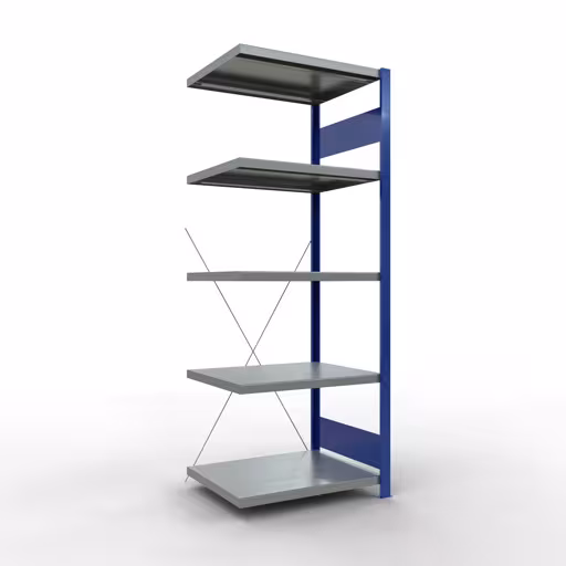 Anbauregal, Fachbodenregal Stecksystem MULTIplus250, 2000 x 750 x 600 mm (HxBxT), 5 Fachböden, Kreuzstrebe, RAL 5010 enzianblau/verzinkt/verzinkt aus der Kategorie Anbauregal mit der Artikelnummer 12965-75-B