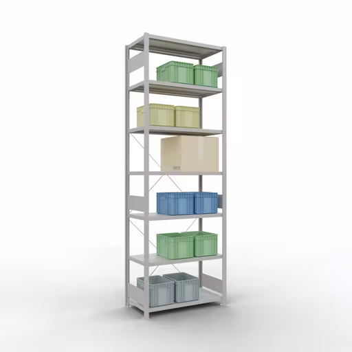 Grundregal, Fachbodenregal Stecksystem MULTIplus330, 3000 x 1000 x 500 mm (HxBxT), 7 Fachböden, Kreuzstrebe, RAL 7035 lichtgrau aus der Kategorie Grundregal mit der GTIN 4004514204349 Grundregal, Fachbodenregal Stecksystem MULTIplus330, 3000 x 1000 x 500 mm (HxBxT), 7 Fachböden, Kreuzstrebe, RAL 7035 lichtgrau von der Marke Schulte Lagertechnik aus der Produktreihe Stecksystem