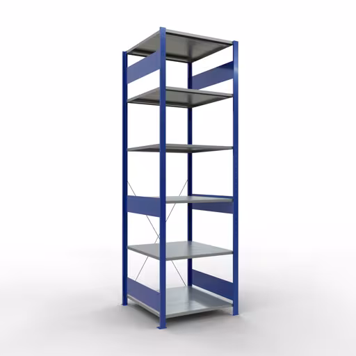 Grundregal, Fachbodenregal Stecksystem MULTIplus150, 2500 x 750 x 800 mm (HxBxT), 6 Fachböden, Kreuzstrebe, RAL 5010 enzianblau/verzinkt/verzinkt aus der Kategorie Grundregal mit der Artikelnummer 12781-75-B