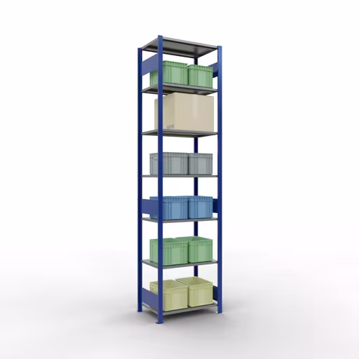 Zusatzbild des Artikels Grundregal, Fachbodenregal Stecksystem MULTIplus150, 3000 x 750 x 500 mm (HxBxT), 7 Fachböden, Längenriegel, RAL 5010 enzianblau/verzinkt/verzinkt aus Grundregal
