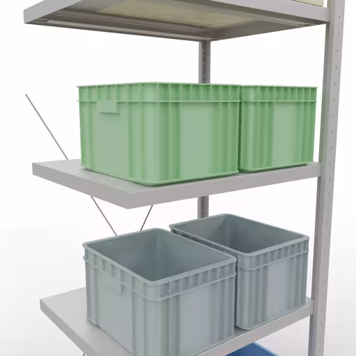 Abbildung Nr 9 des Artikels Anbauregal, Fachbodenregal Stecksystem MULTIplus250, 2000 x 750 x 600 mm (HxBxT), 5 Fachböden, Kreuzstrebe, RAL 7035 lichtgrau aus der Produktgruppe Stecksystem von der Marke Schulte Lagertechnik