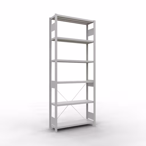 Grundregal, Fachbodenregal Stecksystem MULTIplus330, 2500 x 1000 x 300 mm (HxBxT), 6 Fachböden, Kreuzstrebe, RAL 7035 lichtgrau aus der Kategorie Grundregal mit der Artikelnummer 33831