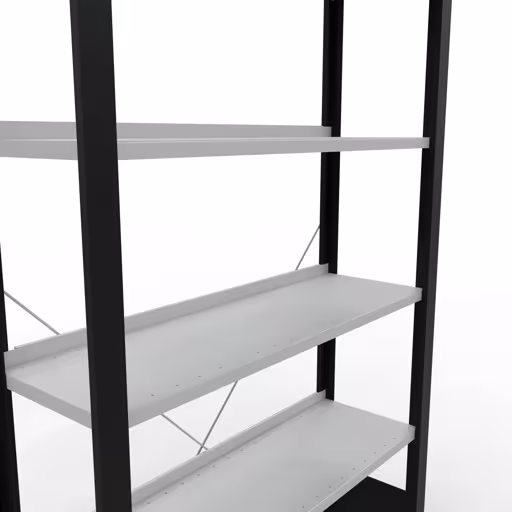 Produktbild Nr 13 des Artikels Grundregal, Büro-Fachbodenregal Stecksystem MULTIplus85, 2000 x 1000 x 300 mm (HxBxT), 6 Fachböden, Kreuzstrebe, mit Anschlagleiste, schwarz/lichtgrau Abbildung Nr 13 des Artikels Grundregal, Büro-Fachbodenregal Stecksystem MULTIplus85, 2000 x 1000 x 300 mm (HxBxT), 6 Fachböden, Kreuzstrebe, mit Anschlagleiste, schwarz/lichtgrau aus der Produktgruppe Büroregale von der Marke Schulte Lagertechnik