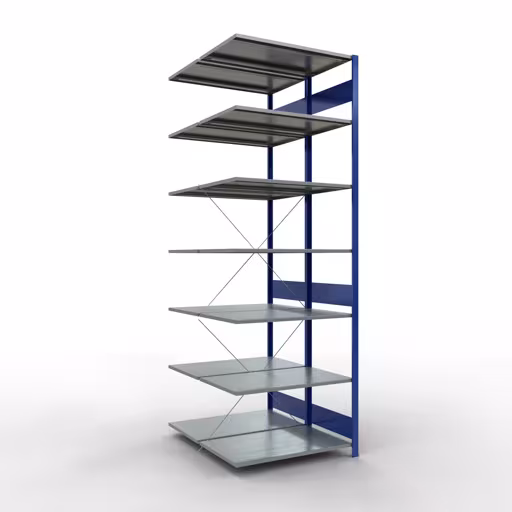 Anbauregal, Doppelregal, Fachbodenregal Stecksystem MULTIplus150, 3000 x 1000 x (2x1200) mm (HxBxT), 2x7 Fachböden, Kreuzstrebe, RAL 5010 enzianblau aus der Kategorie Doppelregale mit der Artikelnummer 32767-B