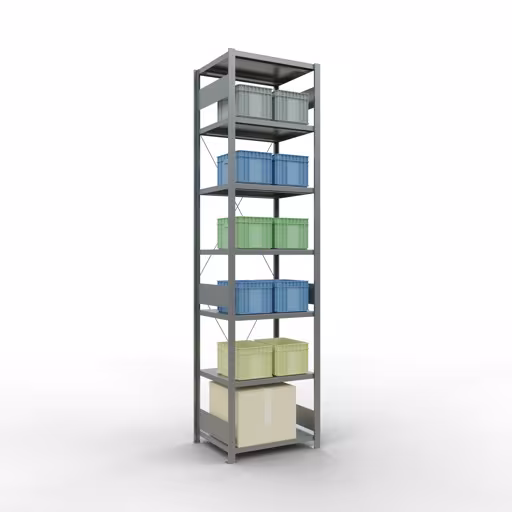 Grundregal, Fachbodenregal Stecksystem MULTIplus250, 3000 x 750 x 600 mm (HxBxT), 7 Fachböden, Kreuzstrebe, verzinkt von Schulte Lagertechnik mit der Artikelnr. 12962-75