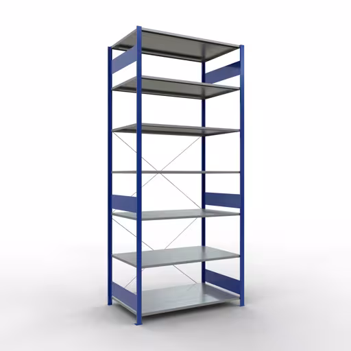 Grundregal, Fachbodenregal Stecksystem MULTIplus150, 3000 x 1300 x 800 mm (HxBxT), 7 Fachböden, Kreuzstrebe, RAL 5010 enzianblau/verzinkt aus der Kategorie Grundregal mit der Artikelnummer 12782-130-B
