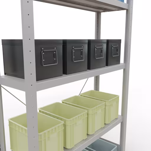 Produktbild Nr 13 des Artikels Grundregal, Fachbodenregal Stecksystem MULTIplus330, 2000 x 1000 x 300 mm (HxBxT), 5 Fachböden, Kreuzstrebe, RAL 7035 lichtgrau Abbildung Nr 13 des Artikels Grundregal, Fachbodenregal Stecksystem MULTIplus330, 2000 x 1000 x 300 mm (HxBxT), 5 Fachböden, Kreuzstrebe, RAL 7035 lichtgrau aus der Produktgruppe Stecksystem von der Marke Schulte Lagertechnik