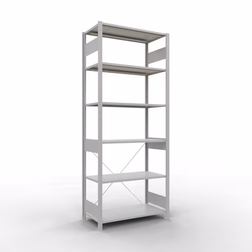 Grundregal, Fachbodenregal Stecksystem MULTIplus150, 2500 x 1000 x 500 mm (HxBxT), 6 Fachböden, Kreuzstrebe, RAL 7035 lichtgrau aus der Kategorie Grundregal mit der Artikelnummer 32651
