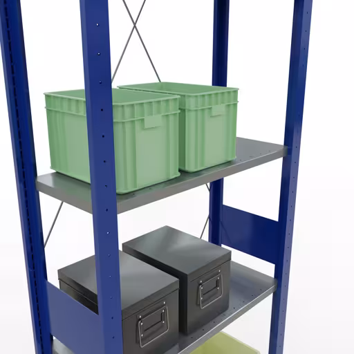 Grundregal, Fachbodenregal Stecksystem MULTIplus150, 3000 x 750 x 300 mm (HxBxT), 7 Fachböden, Kreuzstrebe, RAL 5010 enzianblau/verzinkt/verzinkt mit der Artikelnr. 12732-75-B Grundregal, Fachbodenregal Stecksystem MULTIplus150, 3000 x 750 x 300 mm (HxBxT), 7 Fachböden, Kreuzstrebe, RAL 5010 enzianblau/verzinkt/verzinkt von Schulte Lagertechnik aus der Kategorie Stecksystem