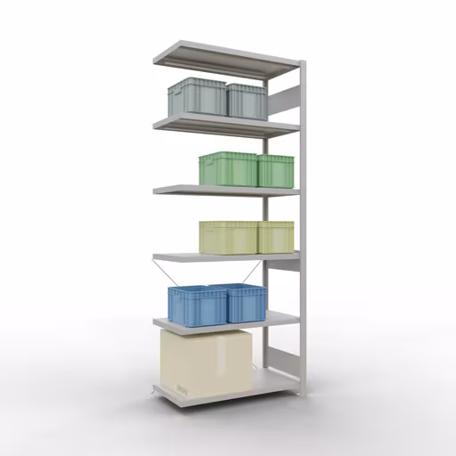 Produktbild Nr.6 des Artikels Anbauregal, Fachbodenregal Stecksystem MULTIplus250, 2500 x 1000 x 500 mm (HxBxT), 6 Fachböden, Kreuzstrebe, RAL 7035 lichtgrau aus der Produktreihe Stecksystem von der Marke Schulte Lagertechnik