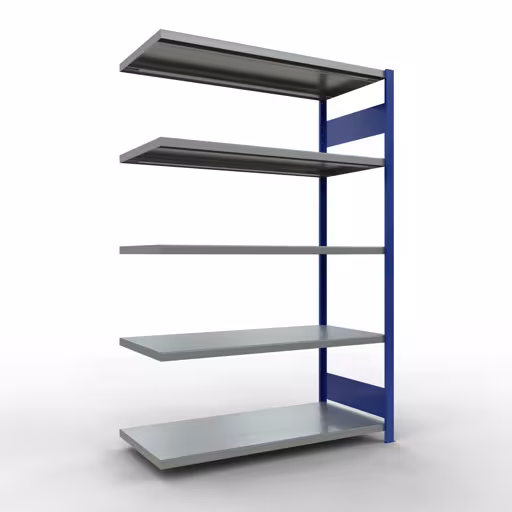 Anbauregal, Fachbodenregal Stecksystem MULTIplus250, 2000 x 1300 x 600 mm (HxBxT), 5 Fachböden, Längenriegel, RAL 5010 enzianblau/verzinkt aus der Kategorie Anbauregal mit der Artikelnummer 12965-130-LR-B