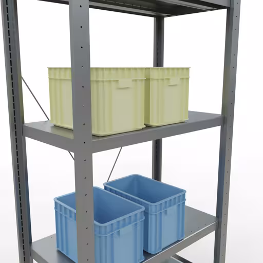 Weitere Ansicht des Artikels Grundregal, Fachbodenregal Stecksystem MULTIplus250, 2000 x 750 x 400 mm (HxBxT), 5 Fachböden, Kreuzstrebe, verzinkt Weitere Ansicht des Artikels Grundregal, Fachbodenregal Stecksystem MULTIplus250, 2000 x 750 x 400 mm (HxBxT), 5 Fachböden, Kreuzstrebe, verzinkt aus der Kategorie Stecksystem