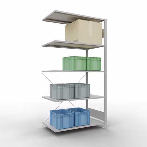 Abbildung Nr 9 des Artikels Anbauregal, Fachbodenregal Stecksystem MULTIplus85, 2000 x 1000 x 600 mm (HxBxT), 5 Fachböden, Kreuzstrebe, RAL 7035 lichtgrau aus der Produktgruppe Stecksystem von der Marke Schulte Lagertechnik