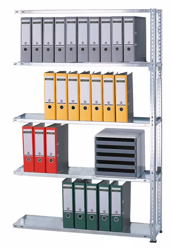 Anbauregal, Büro-Fachbodenregal Schraubsystem MULTIplus85, 1800 x 1300 x 300 mm (HxBxT), 5 Fachböden, verzinkt, ohne Anschlagleiste aus der Kategorie Schraubsystem mit der Artikelnummer 17127