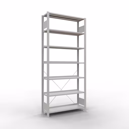 Grundregal, Büro-Fachbodenregal Stecksystem MULTIplus85, 2300 x 1000 x 300 mm (HxBxT), 7 Fachböden, Kreuzstrebe, mit Anschlagleiste, lichtgrau von der Marke Schulte Lagertechnik Grundregal, Büro-Fachbodenregal Stecksystem MULTIplus85, 2300 x 1000 x 300 mm (HxBxT), 7 Fachböden, Kreuzstrebe, mit Anschlagleiste, lichtgrau aus der Kategorie Stecksystem mit der Artikelnummer 36013