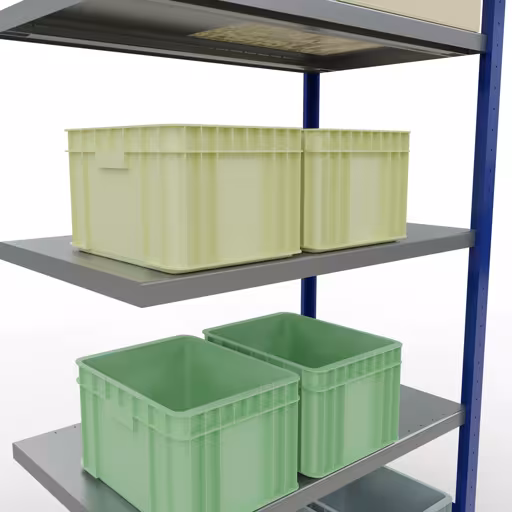 Abbildung Nr 12 des Artikels Anbauregal, Fachbodenregal Stecksystem MULTIplus250, 2000 x 1000 x 600 mm (HxBxT), 5 Fachböden, Längenriegel, RAL 5010 enzianblau/verzinkt aus der Produktgruppe Stecksystem von der Marke Schulte Lagertechnik