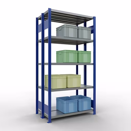 Grundregal, Doppelregal, Fachbodenregal Stecksystem MULTIplus250, 2000 x 1000 x (2x300) mm (HxBxT), 2x5 Fachböden, Längenriegel, RAL 5010 enzianblau von Schulte Lagertechnik mit der Artikelnr. 33230-B
