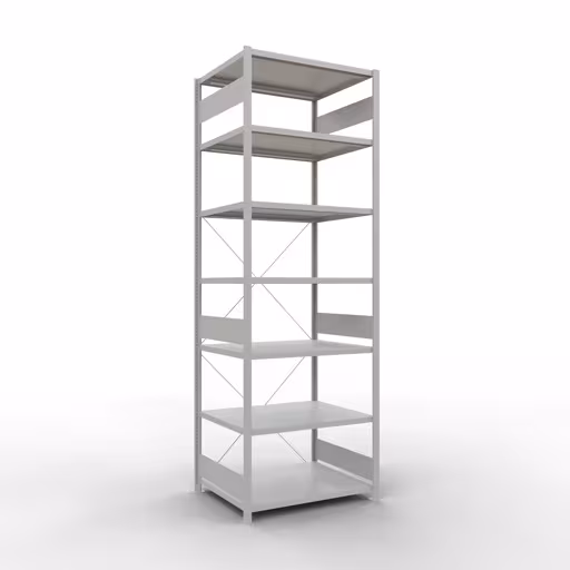 Grundregal, Fachbodenregal Stecksystem MULTIplus330, 3000 x 1000 x 800 mm (HxBxT), 7 Fachböden, Kreuzstrebe, RAL 7035 lichtgrau aus der Kategorie Grundregal mit der Artikelnummer 33882
