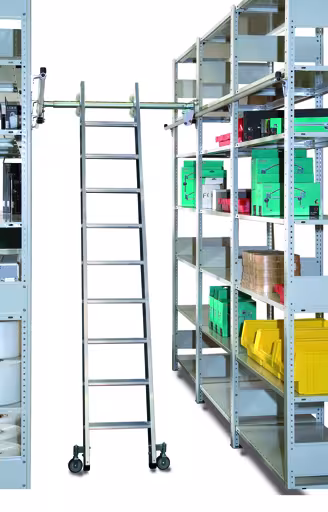 Aluminium-Regalleiter für Doppelregale, seitlich verschiebbar, Arbeitshöhe ca. 2,65 m aus der Kategorie Regalleitern mit der Artikelnummer 34860-N