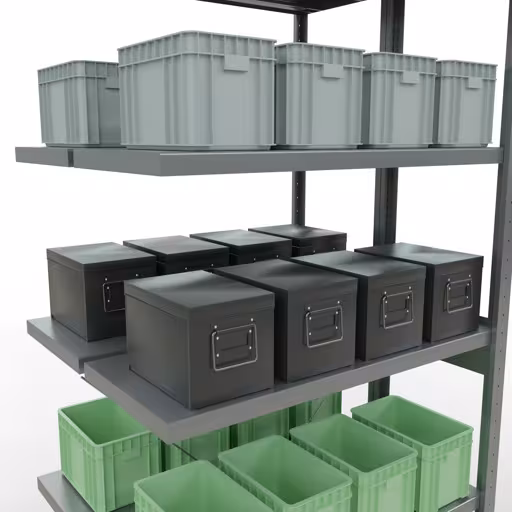 Anbauregal, Doppelregal, Fachbodenregal Stecksystem MULTIplus250, 2500 x 1000 x (2x400) mm (HxBxT), 2x6 Fachböden, Kreuzstrebe, verzinkt von Schulte Lagertechnik mit der Artikelnr. 14246-A