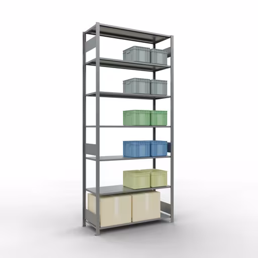 Grundregal, Fachbodenregal Stecksystem MULTIplus150, 3000 x 1300 x 500 mm (HxBxT), 7 Fachböden, Längenriegel, verzinkt mit der GTIN 4004514280497 Grundregal, Fachbodenregal Stecksystem MULTIplus150, 3000 x 1300 x 500 mm (HxBxT), 7 Fachböden, Längenriegel, verzinkt von Schulte Lagertechnik mit der Artikelnr. 12752-130-LR