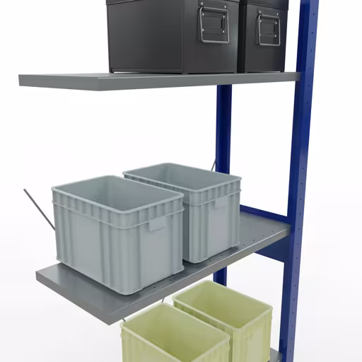 Anbauregal, Fachbodenregal Stecksystem MULTIplus150, 2500 x 750 x 300 mm (HxBxT), 6 Fachböden, Kreuzstrebe, RAL 5010 enzianblau/verzinkt/verzinkt von Schulte Lagertechnik aus der Kategorie Stecksystem