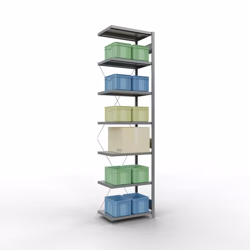 Abbildung Nr 13 des Artikels Anbauregal, Fachbodenregal Stecksystem MULTIplus250, 3000 x 750 x 500 mm (HxBxT), 7 Fachböden, Kreuzstrebe, verzinkt aus der Produktgruppe Stecksystem von der Marke Schulte Lagertechnik
