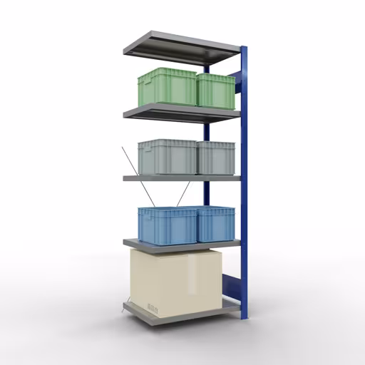 Produktbild Nr 13 des Artikels Anbauregal, Fachbodenregal Stecksystem MULTIplus250, 2000 x 750 x 500 mm (HxBxT), 5 Fachböden, Kreuzstrebe, RAL 5010 enzianblau/verzinkt/verzinkt Abbildung Nr 13 des Artikels Anbauregal, Fachbodenregal Stecksystem MULTIplus250, 2000 x 750 x 500 mm (HxBxT), 5 Fachböden, Kreuzstrebe, RAL 5010 enzianblau/verzinkt/verzinkt aus der Produktgruppe Stecksystem von der Marke Schulte Lagertechnik