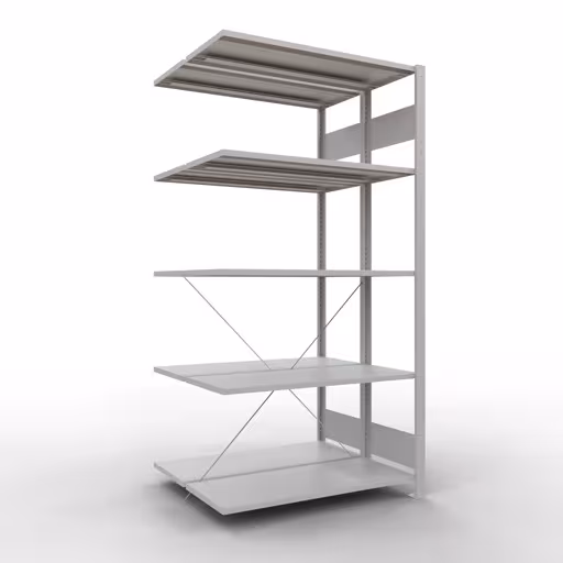 Weitere Ansicht des Artikels Anbauregal, Doppelregal, Fachbodenregal Stecksystem MULTIplus150, 2000 x 1000 x (2x400) mm (HxBxT), 2x5 Fachböden, Kreuzstrebe, RAL 7035 lichtgrau aus der Kategorie Fachbodenregale
