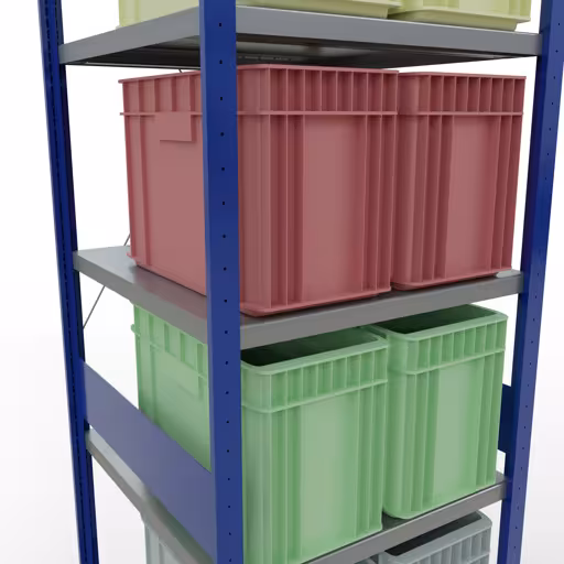 Zusatzbild des Artikels Grundregal, Fachbodenregal Stecksystem MULTIplus250, 3000 x 750 x 800 mm (HxBxT), 7 Fachböden, Kreuzstrebe, RAL 5010 enzianblau/verzinkt/verzinkt aus Grundregal
