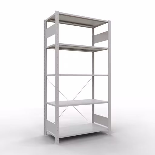 Grundregal, Fachbodenregal Stecksystem MULTIplus85, 2000 x 1000 x 500 mm (HxBxT), 5 Fachböden, Kreuzstrebe, RAL 7035 lichtgrau aus der Kategorie Grundregal mit der Artikelnummer 33050