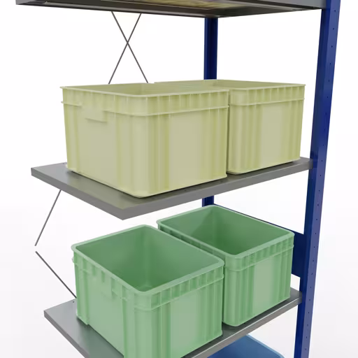 Andere Ansicht des Artikels Anbauregal, Fachbodenregal Stecksystem MULTIplus150, 3000 x 750 x 500 mm (HxBxT), 7 Fachböden, Kreuzstrebe, RAL 5010 enzianblau/verzinkt/verzinkt aus der Kategorie Stecksystem