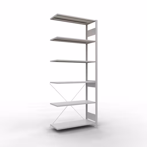 Anbauregal, Fachbodenregal Stecksystem MULTIplus150, 2500 x 1000 x 400 mm (HxBxT), 6 Fachböden, Kreuzstrebe, RAL 7035 lichtgrau aus der Kategorie Anbauregal mit der Artikelnummer 32646