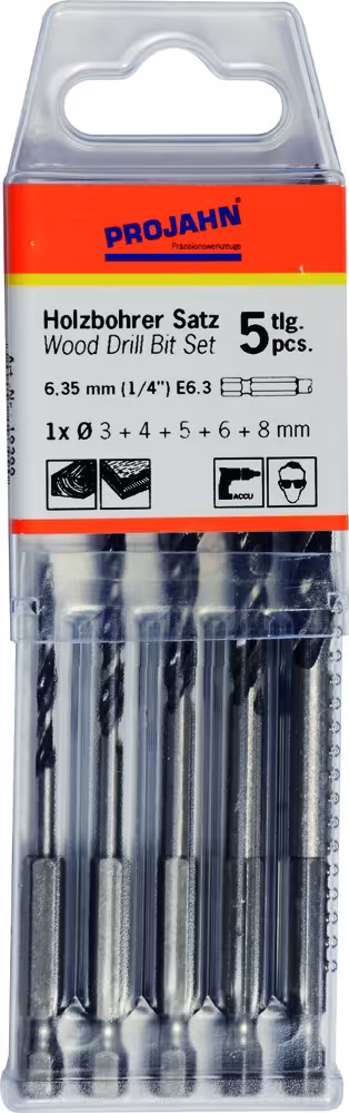 Holzspiralbohrer Satz 6-kant Schaft E6.3 5-tlg. (3, 4, 5, 6, 8 mm) von PROJAHN aus der Kategorie Maschinenzubehör