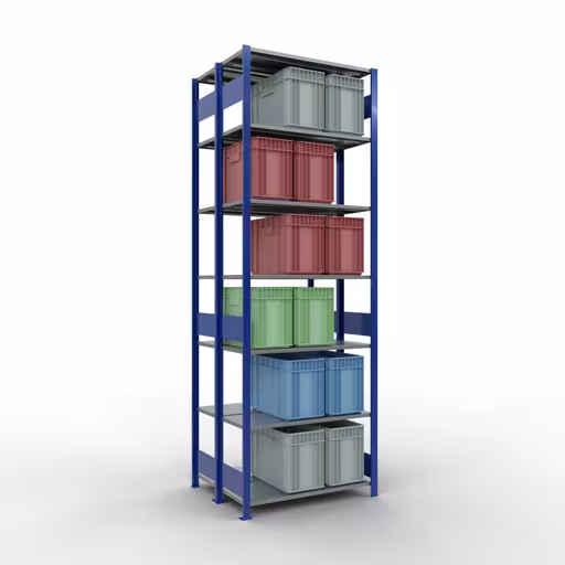 Zusatzbild des Artikels Grundregal, Doppelregal, Fachbodenregal Stecksystem MULTIplus150, 3000 x 1000 x (2x400) mm (HxBxT), 2x7 Fachböden, Längenriegel, RAL 5010 enzianblau aus Doppelregale
