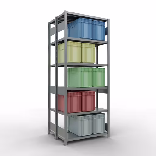 Grundregal, Doppelregal, Fachbodenregal Stecksystem MULTIplus250, 2500 x 1000 x (2x400) mm (HxBxT), 2x6 Fachböden, Längenriegel, verzinkt von Schulte Lagertechnik mit der Artikelnr. 17941