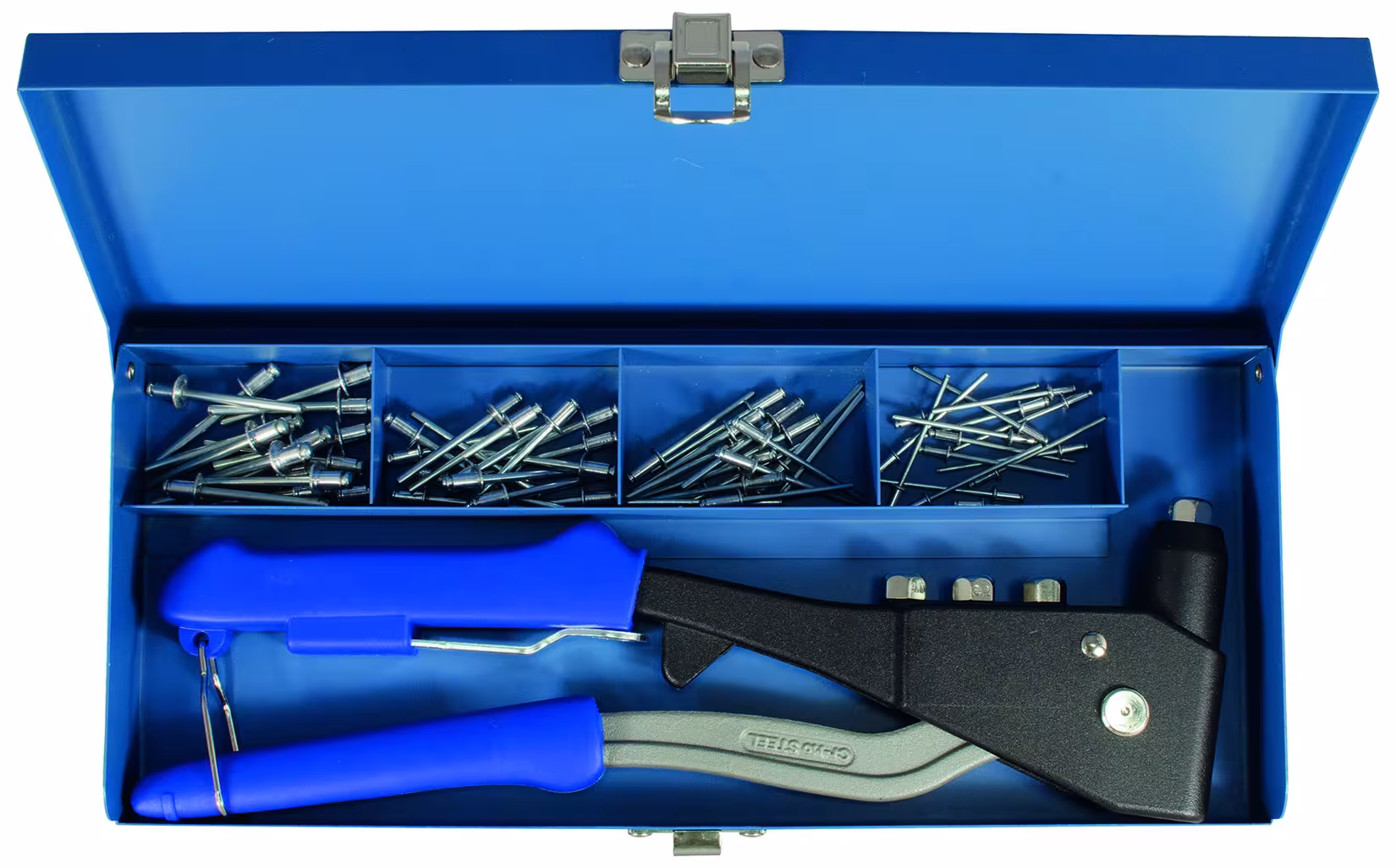 Profi Blindnietzangen-Set, 61-teilig, Blindnietzange 395060, 60 Nieten, Metallbox aus der Kategorie sonstige Zangen mit der Artikelnummer 398061