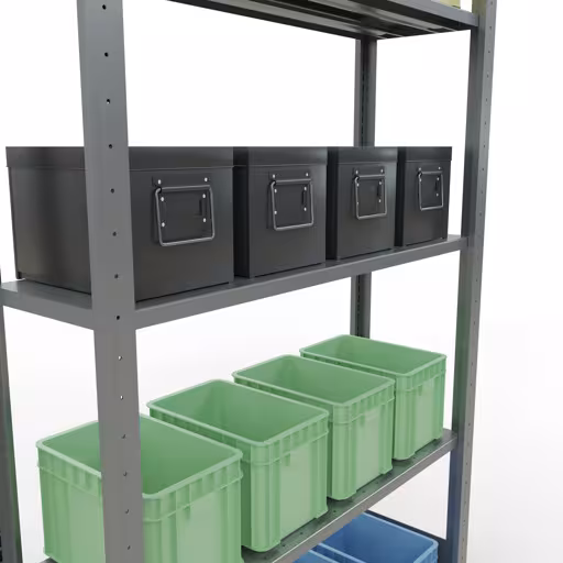 Zusatzbild des Artikels Grundregal, Fachbodenregal Stecksystem MULTIplus150, 2000 x 1000 x 300 mm (HxBxT), 5 Fachböden, Längenriegel, verzinkt aus Grundregal