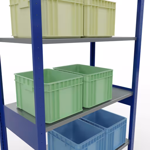 Grundregal, Fachbodenregal Stecksystem MULTIplus150, 2500 x 1000 x 500 mm (HxBxT), 6 Fachböden, Längenriegel, RAL 5010 enzianblau/verzinkt mit der GTIN 4004514280473 Grundregal, Fachbodenregal Stecksystem MULTIplus150, 2500 x 1000 x 500 mm (HxBxT), 6 Fachböden, Längenriegel, RAL 5010 enzianblau/verzinkt von Schulte Lagertechnik mit der Artikelnr. 12751-LR-B