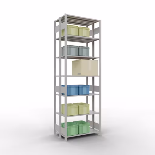 Andere Ansicht des Artikels Grundregal, Doppelregal, Fachbodenregal Stecksystem MULTIplus150, 3000 x 1000 x (2x300) mm (HxBxT), 2x7 Fachböden, Längenriegel, RAL 7035 lichtgrau Andere Ansicht des Artikels Grundregal, Doppelregal, Fachbodenregal Stecksystem MULTIplus150, 3000 x 1000 x (2x300) mm (HxBxT), 2x7 Fachböden, Längenriegel, RAL 7035 lichtgrau aus der Kategorie Fachbodenregale