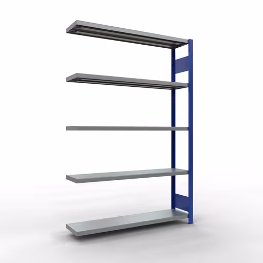 Anbauregal, Fachbodenregal Stecksystem MULTIplus250, 2000 x 1300 x 300 mm (HxBxT), 5 Fachböden, Längenriegel, RAL 5010 enzianblau/verzinkt aus der Kategorie Anbauregal mit der Artikelnummer 12935-130-LR-B