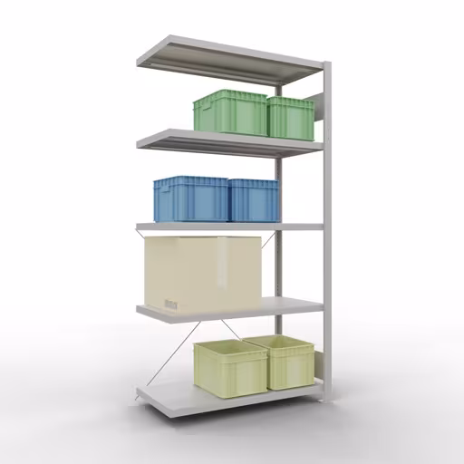 Anbauregal, Fachbodenregal Stecksystem MULTIplus330, 2000 x 1000 x 500 mm (HxBxT), 5 Fachböden, Kreuzstrebe, RAL 7035 lichtgrau von Schulte Lagertechnik mit der Artikelnr. 33855