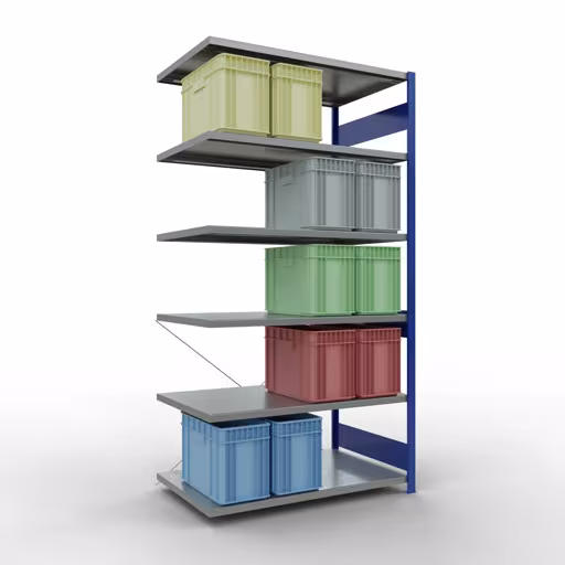 Anbauregal, Fachbodenregal Stecksystem MULTIplus250, 2500 x 1300 x 800 mm (HxBxT), 6 Fachböden, Kreuzstrebe, RAL 5010 enzianblau/verzinkt von der Marke Schulte Lagertechnik aus der Produktreihe Stecksystem