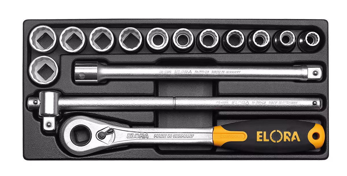 Steckschlüssel-Satz 1/2", 6-kant, 15-teilig MS-12 von ELORA Steckschlüssel-Satz 1/2", 15-teilig, ELORA-MS-11/12 aus der Kategorie Ordnungssysteme & Werkstattwagen mit der Artikelnr. 0000512001000