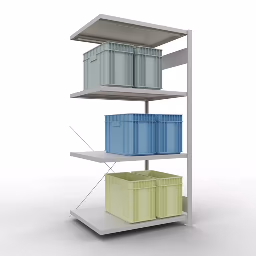 Produktbild Nr 12 des Artikels Anbauregal, Fachbodenregal Stecksystem MULTIplus330, 2000 x 1000 x 800 mm (HxBxT), 5 Fachböden, Kreuzstrebe, RAL 7035 lichtgrau Abbildung Nr 12 des Artikels Anbauregal, Fachbodenregal Stecksystem MULTIplus330, 2000 x 1000 x 800 mm (HxBxT), 5 Fachböden, Kreuzstrebe, RAL 7035 lichtgrau aus der Produktgruppe Stecksystem von der Marke Schulte Lagertechnik