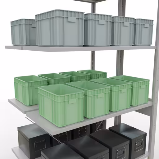 Produktbild Nr.13 des Artikels Anbauregal, Doppelregal, Fachbodenregal Stecksystem MULTIplus150, 2500 x 1000 x (2x400) mm (HxBxT), 2x6 Fachböden, Kreuzstrebe, RAL 7035 lichtgrau aus der Produktreihe Fachbodenregale von der Marke Schulte Lagertechnik