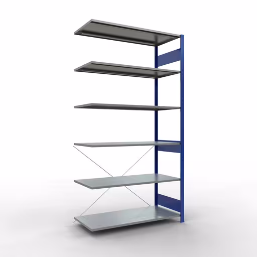 Anbauregal, Fachbodenregal Stecksystem MULTIplus150, 2500 x 1300 x 600 mm (HxBxT), 6 Fachböden, Kreuzstrebe, RAL 5010 enzianblau/verzinkt aus der Kategorie Anbauregal mit der Artikelnummer 12766-130-B