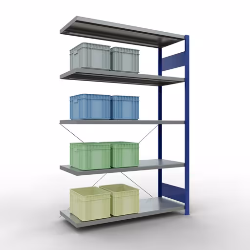 Abbildung Nr 14 des Artikels Anbauregal, Fachbodenregal Stecksystem MULTIplus250, 2000 x 1300 x 500 mm (HxBxT), 5 Fachböden, Kreuzstrebe, RAL 5010 enzianblau/verzinkt aus der Produktgruppe Stecksystem von der Marke Schulte Lagertechnik
